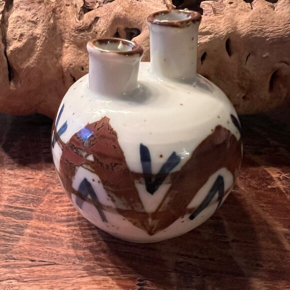 Vintage Bohemian Japanese Stoneware Double Bud Vase With Abstract Brown & Blue D - Picture 4 of 9